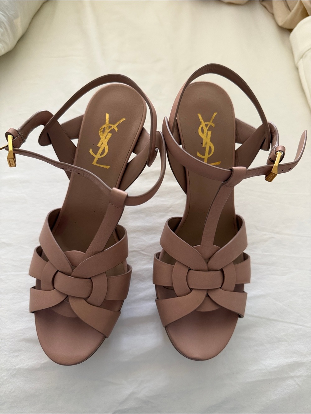 Saint Laurent Mauve Braided T-Strap Heeled Sandals with Gold Hardware